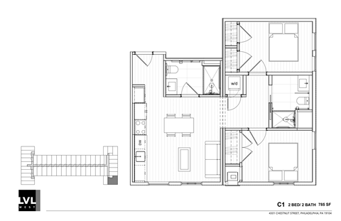 Floor plan for 2 beds, 2 baths, 785 sqft